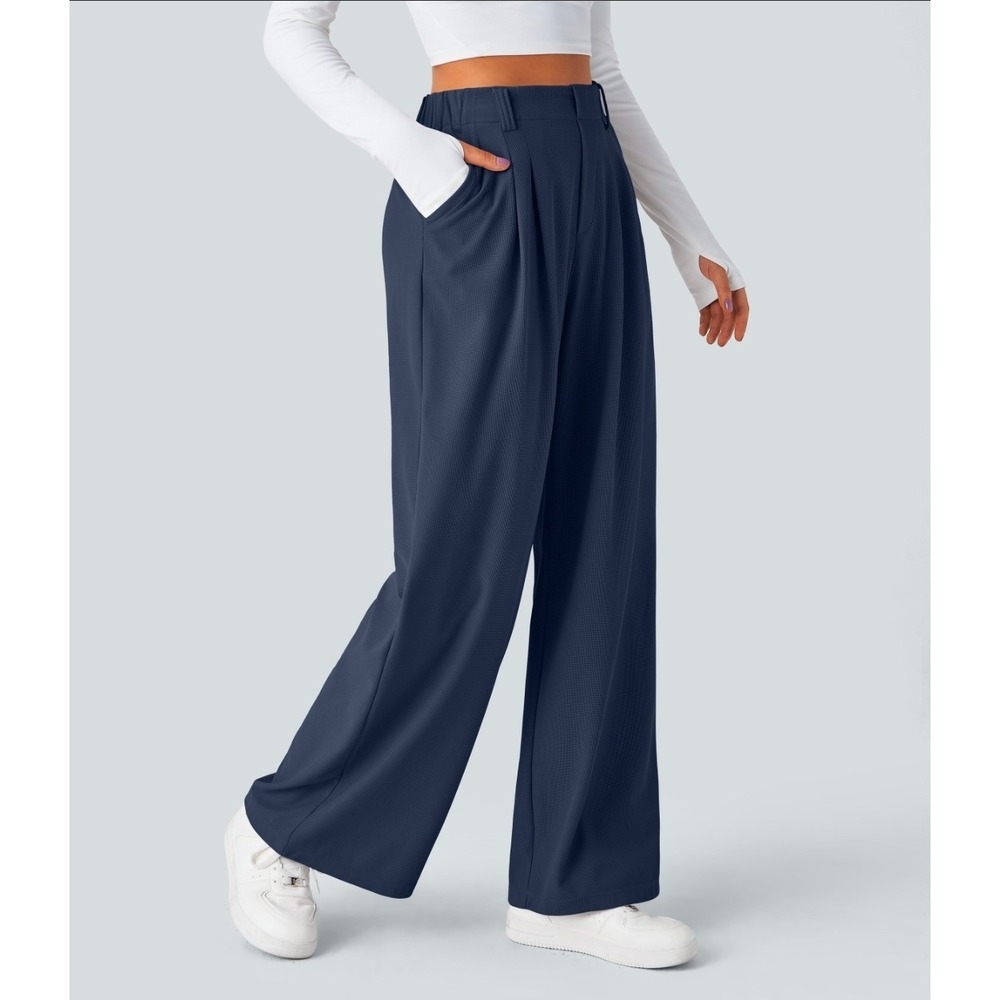 Halara XLarge Blue Flex High Waisted Pocket Wide Leg Waffle Work Pants NWT